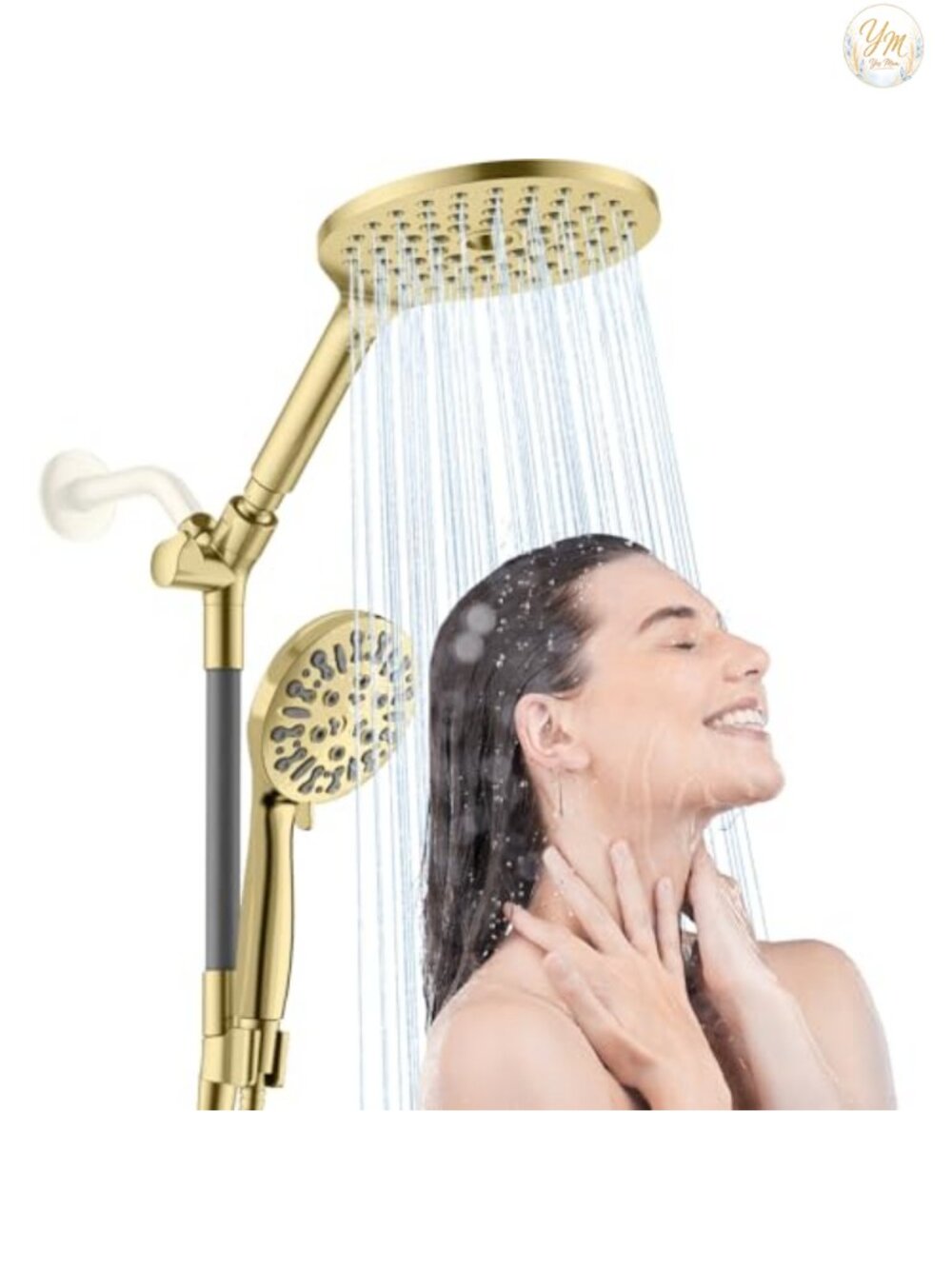 Brushed Gold Dual Shower Head Combo 9-Mode Handheld High Pressure